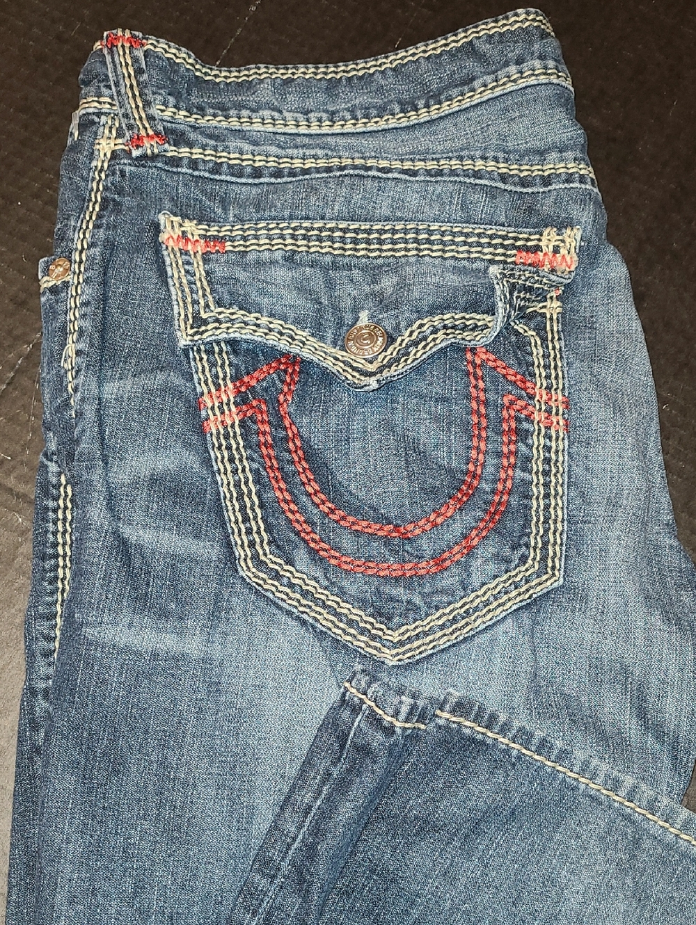 True Religion Dark Blue Straight Leg Jeans with Red Pocket Stitching - Picture 2 of 16
